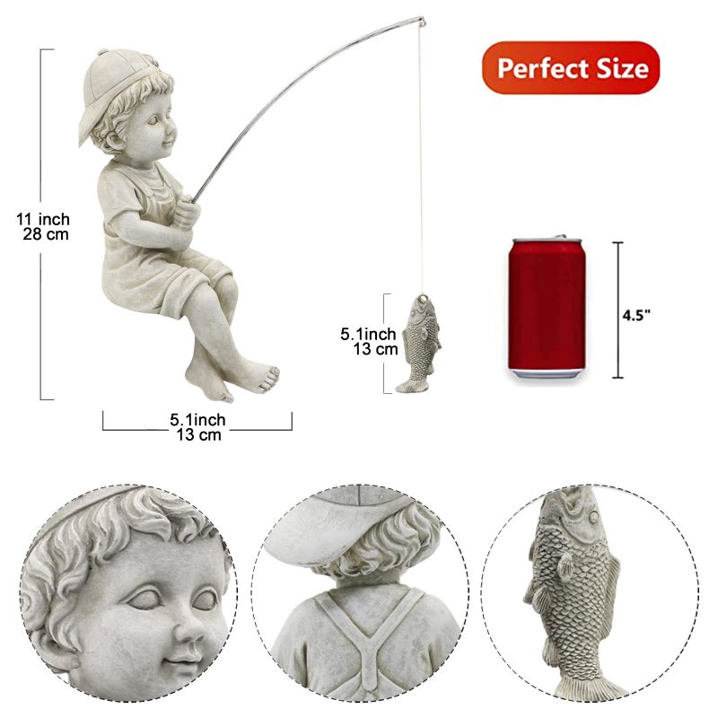 Goodeco Fisherboy Statue Garden Decor - 11" Little Fishing Guy for Koi Pond or Waterfalls, Poolside Statue with Glow in Dark Pebbles Included, Great Gifts for Mom, Women or Birthdays, Gift Ideas - Image 3